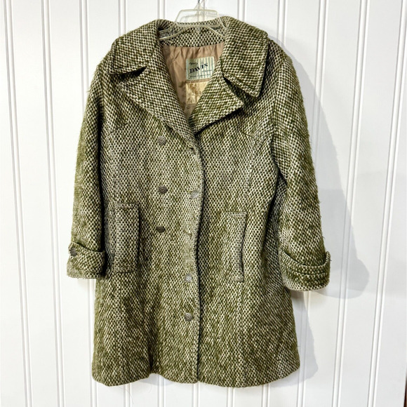 Vintage Davis Of Boston Lazarous Pea Coat Women Green Woven Double Breasted - Picture 1 of 5